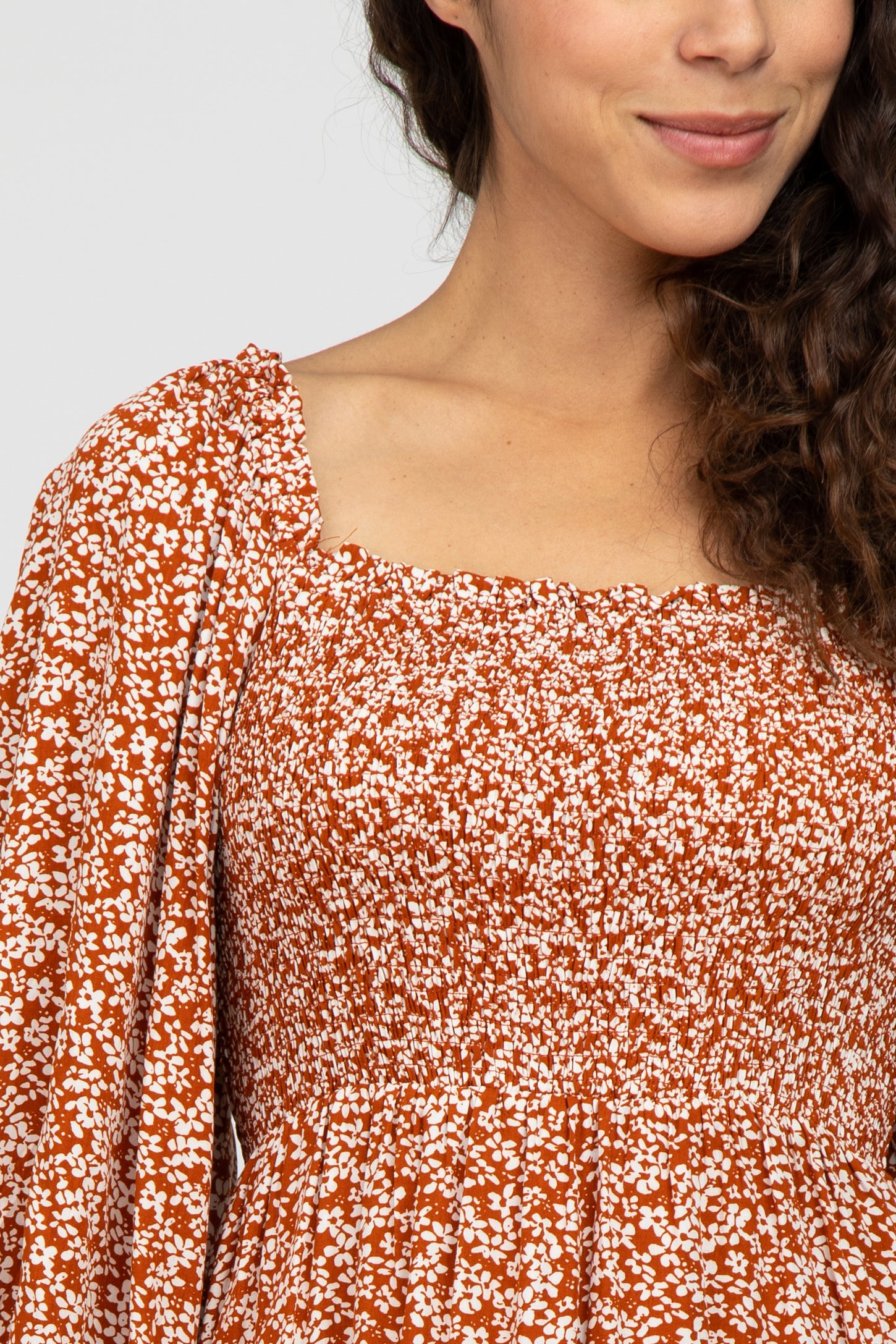 Rust Floral Smocked Tiered Midi Dress