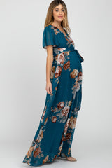 Teal Floral Chiffon Short Sleeve Pleated Maternity Maxi Dress
