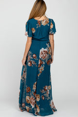 Teal Floral Chiffon Short Sleeve Pleated Maternity Maxi Dress