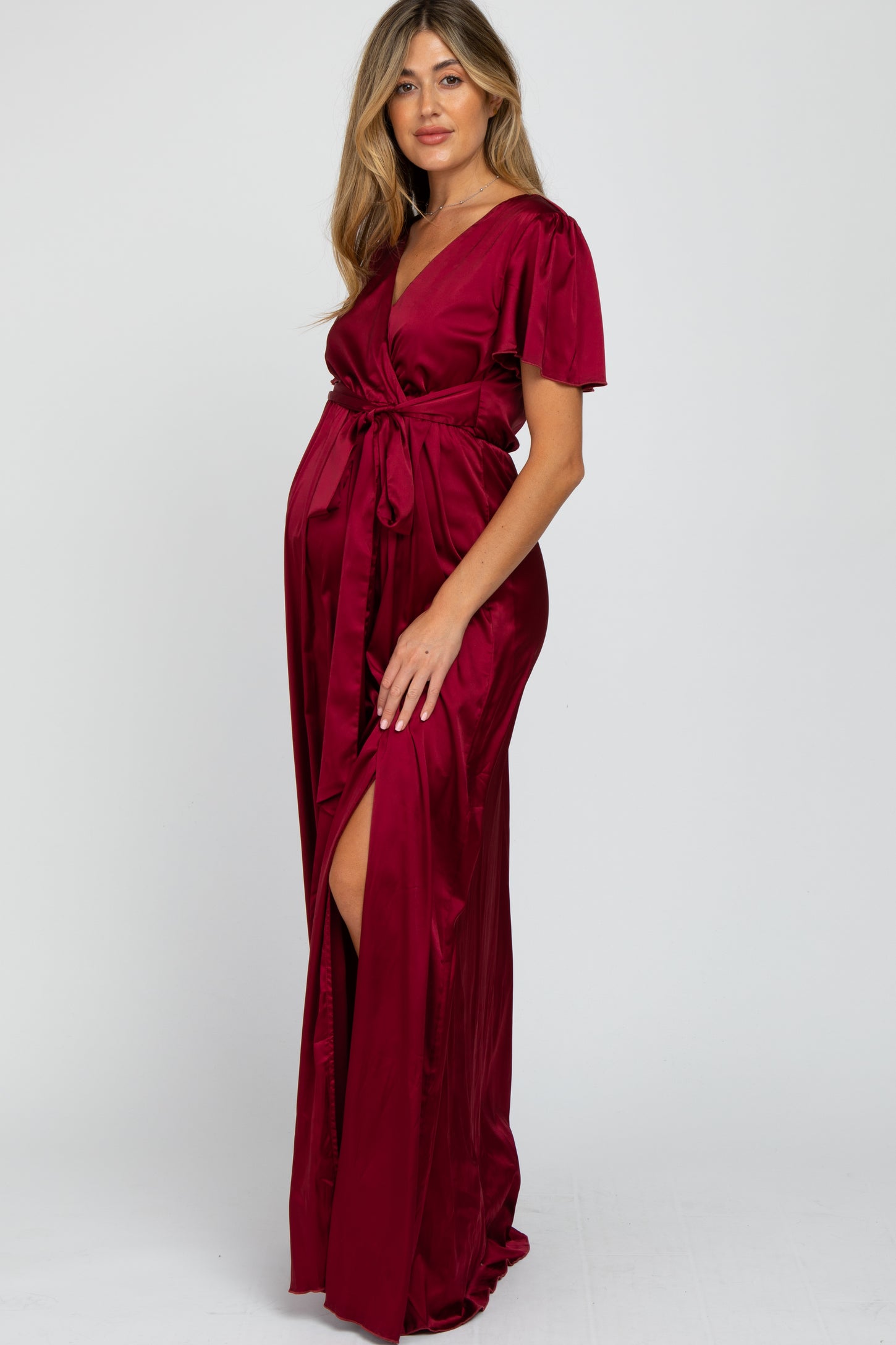 Burgundy Side Slit Satin Maternity Maxi Dress
