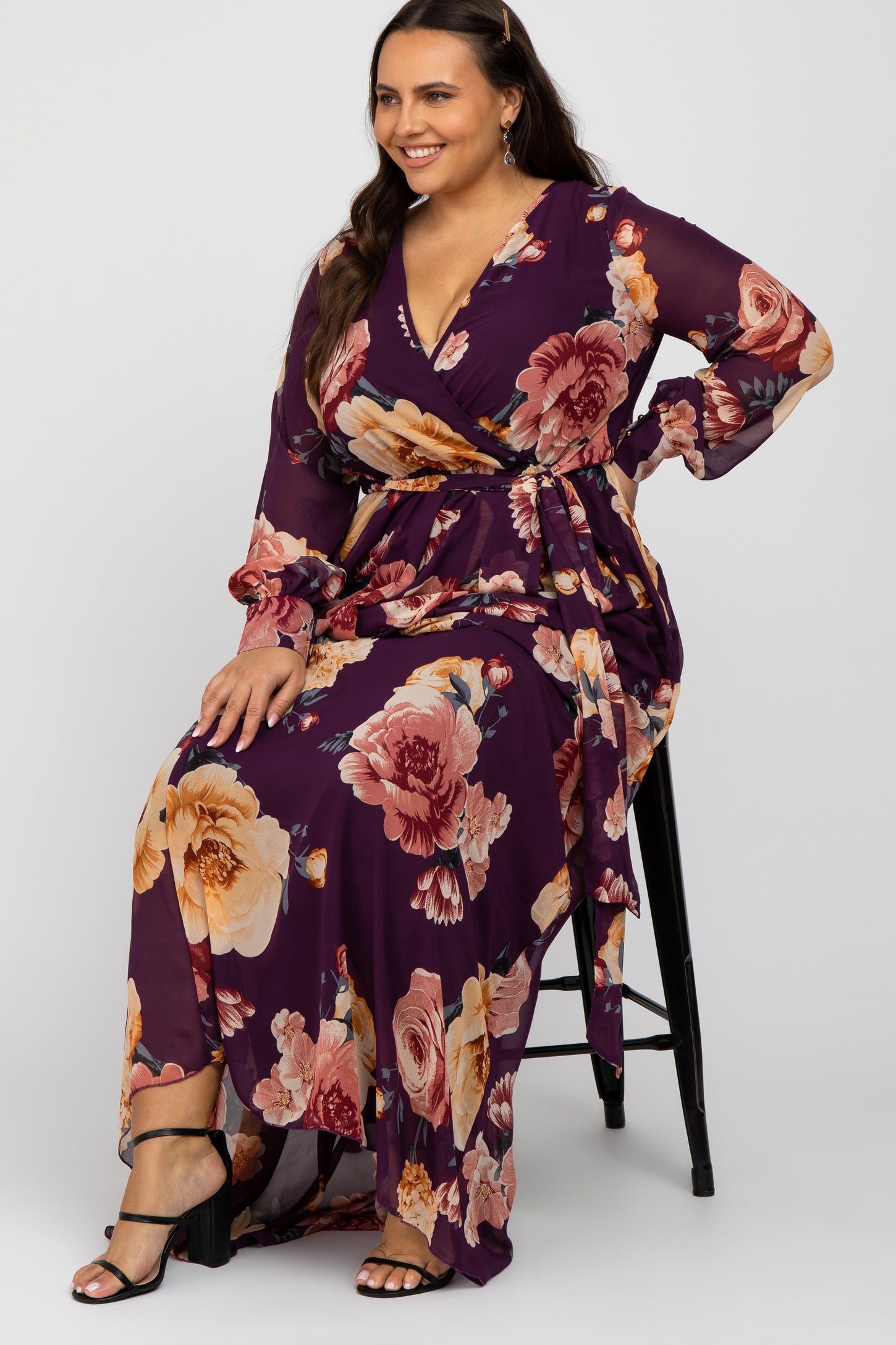 Plum Floral Chiffon Long Sleeve Pleated Plus Maxi Dress– PinkBlush