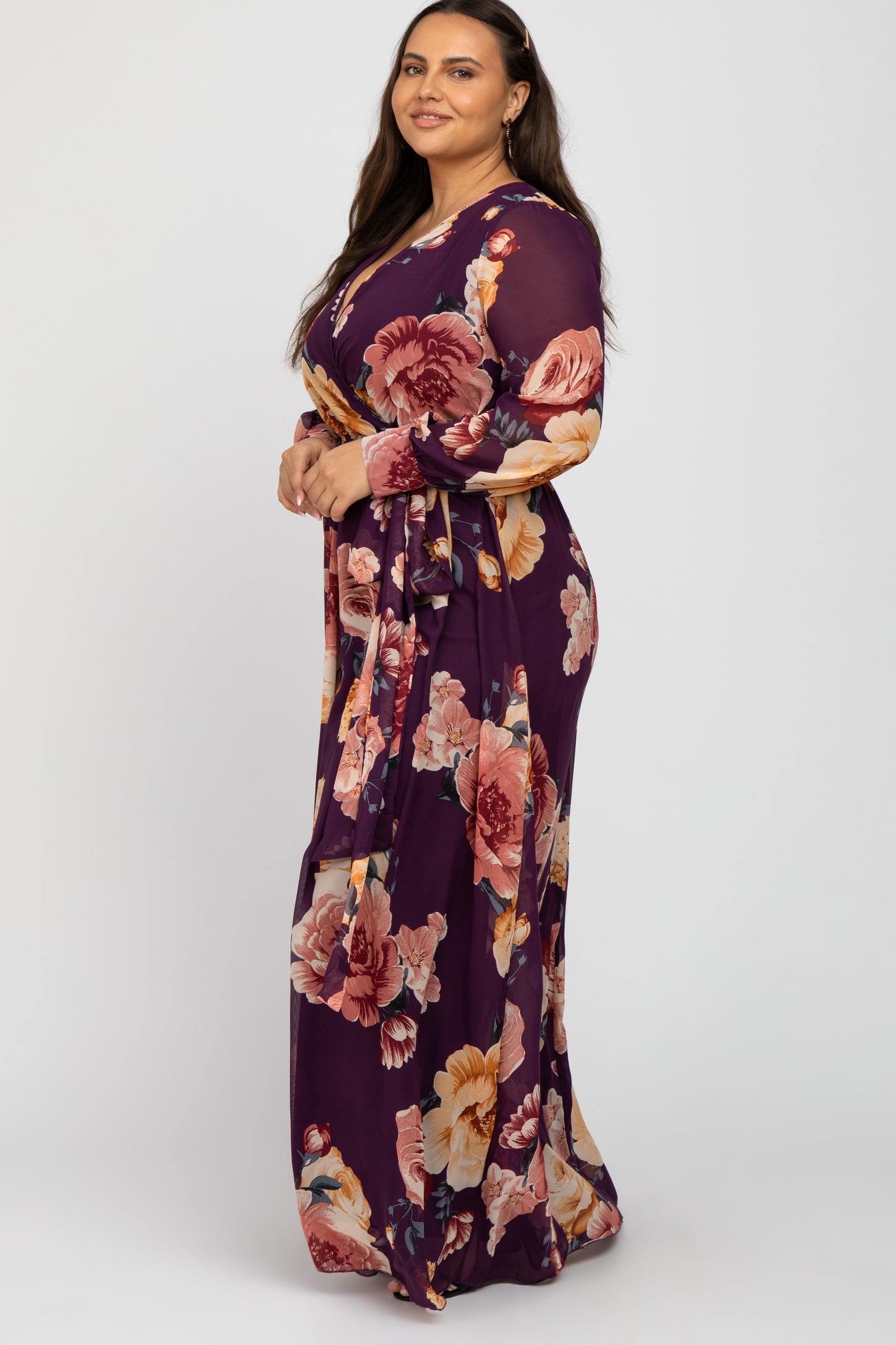 Plum Floral Chiffon Long Sleeve Pleated Plus Maxi Dress