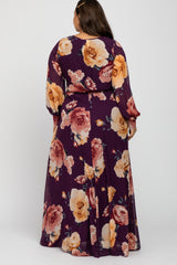 Plum Floral Chiffon Long Sleeve Pleated Plus Maxi Dress