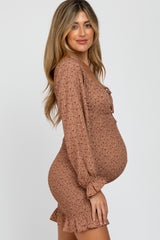 Taupe Floral Long Sleeve Smocked Maternity Mini Dress