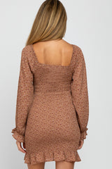 Taupe Floral Long Sleeve Smocked Maternity Mini Dress