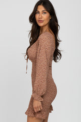 Taupe Floral Long Sleeve Smocked Mini Dress