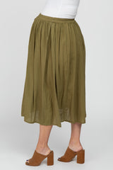 Olive Button Accent Pleated Maternity Midi Skirt