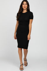 Black Ribbed Short Sleeve Fitted Dress