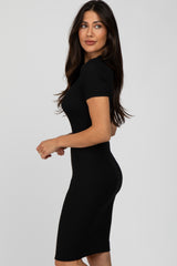 Black Ribbed Short Sleeve Fitted Dress