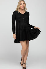 Black Ribbed Button Front Tiered Maternity Dress