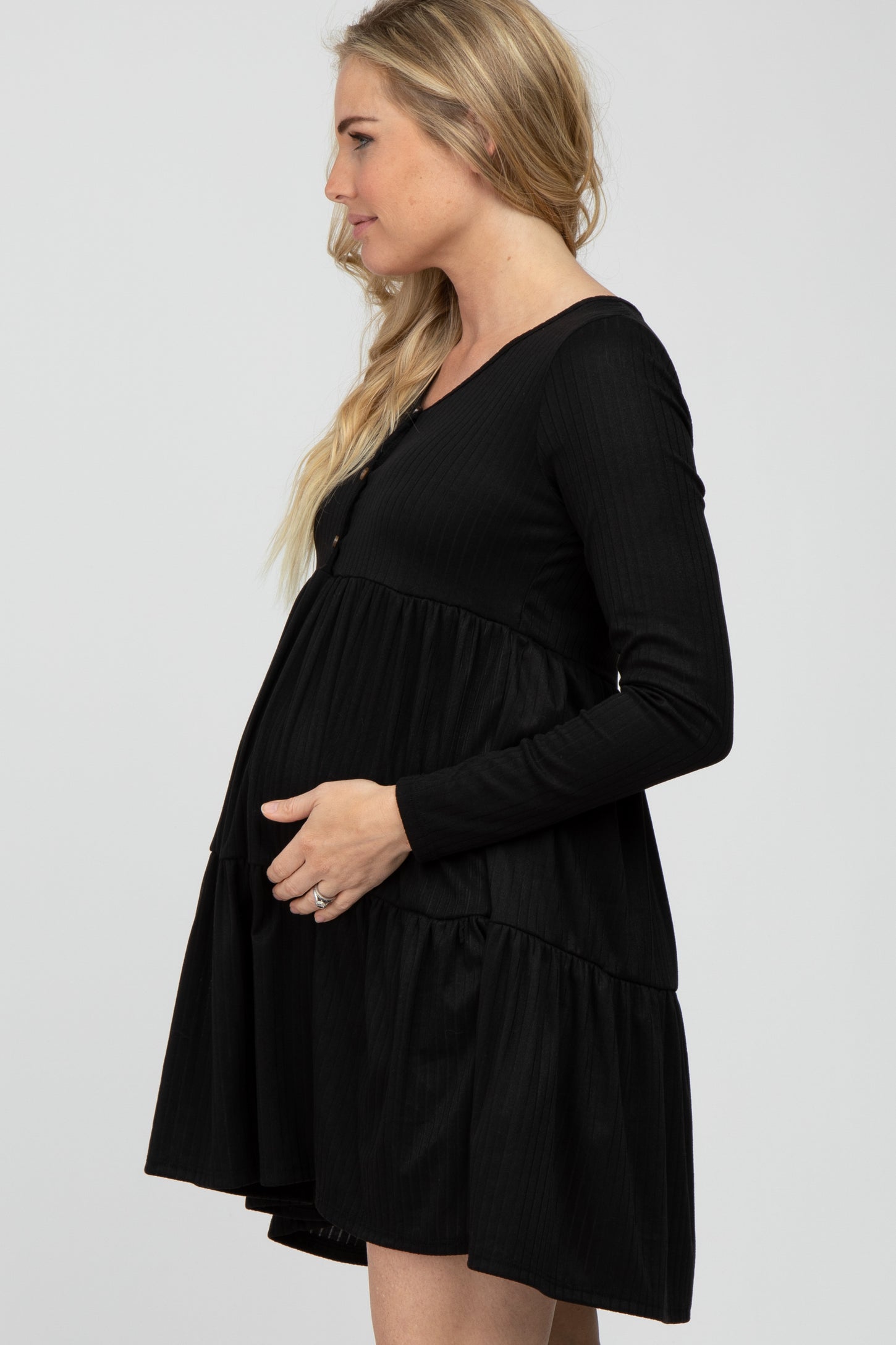 Black Ribbed Button Front Tiered Maternity Dress