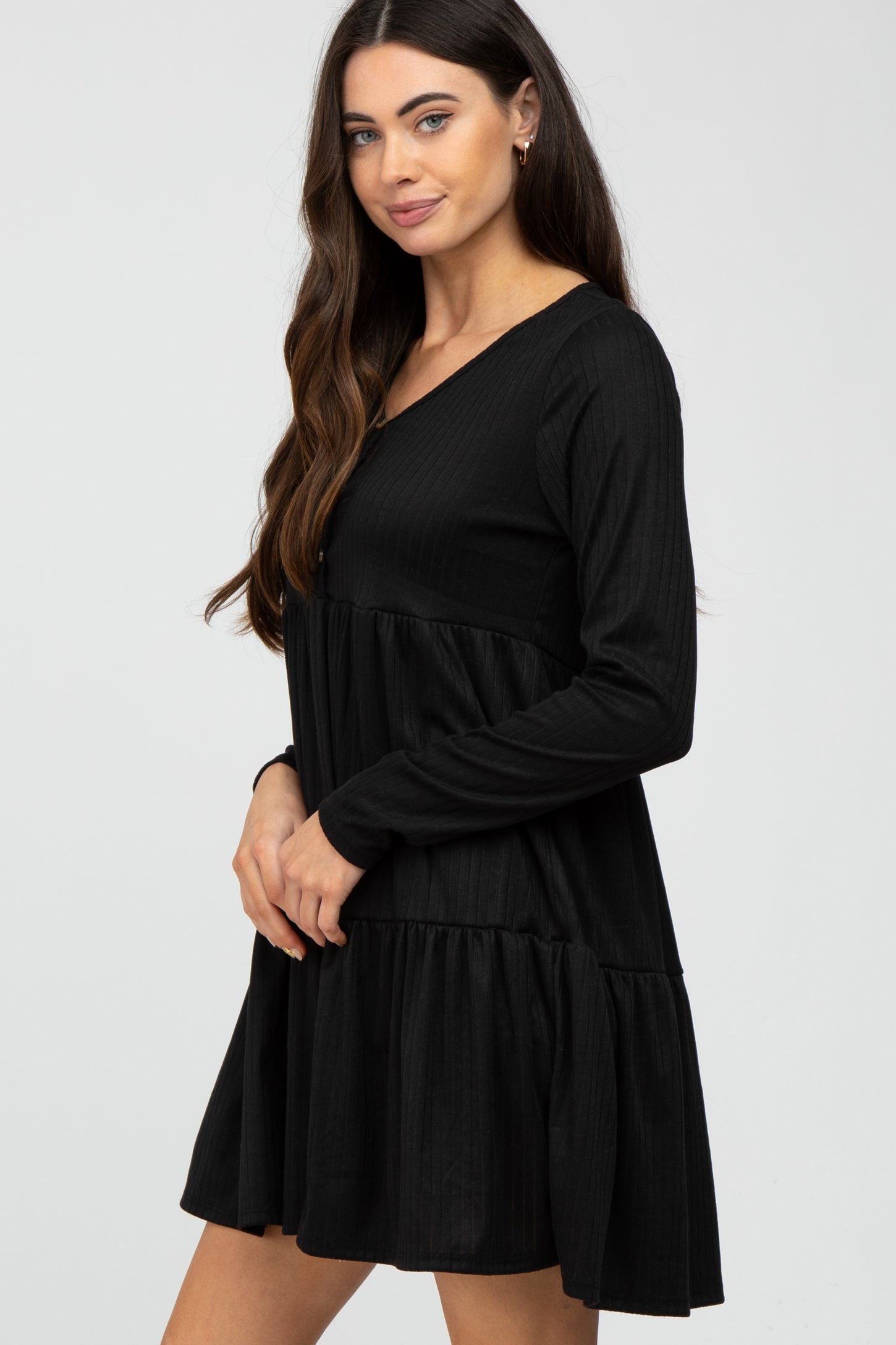 Black Ribbed Button Front Tiered Dress