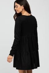 Black Ribbed Button Front Tiered Dress
