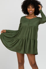 Olive Ribbed Button Front Tiered Dress