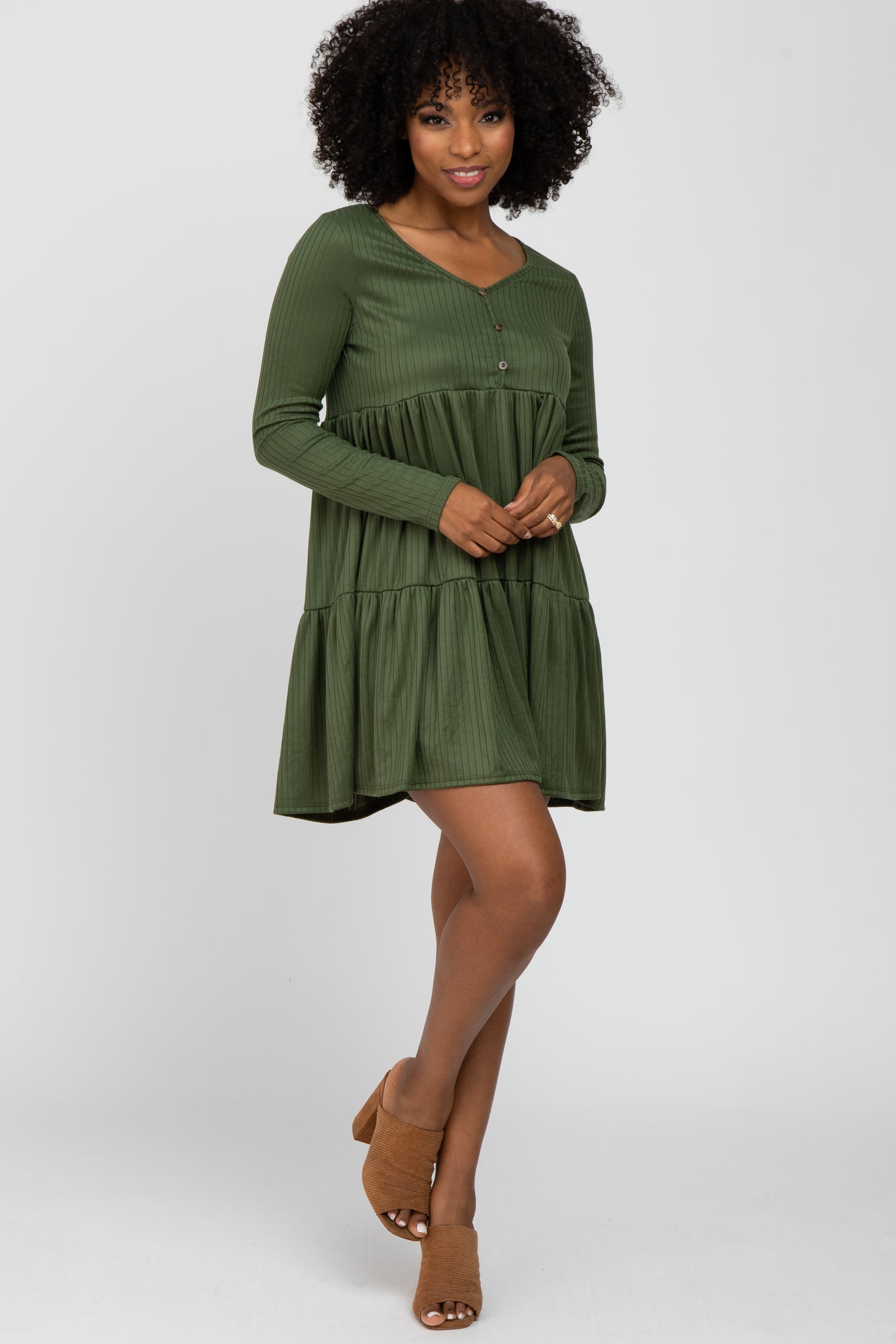 Olive Ribbed Button Front Tiered Dress