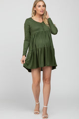 Olive Ribbed Button Front Tiered Maternity Dress