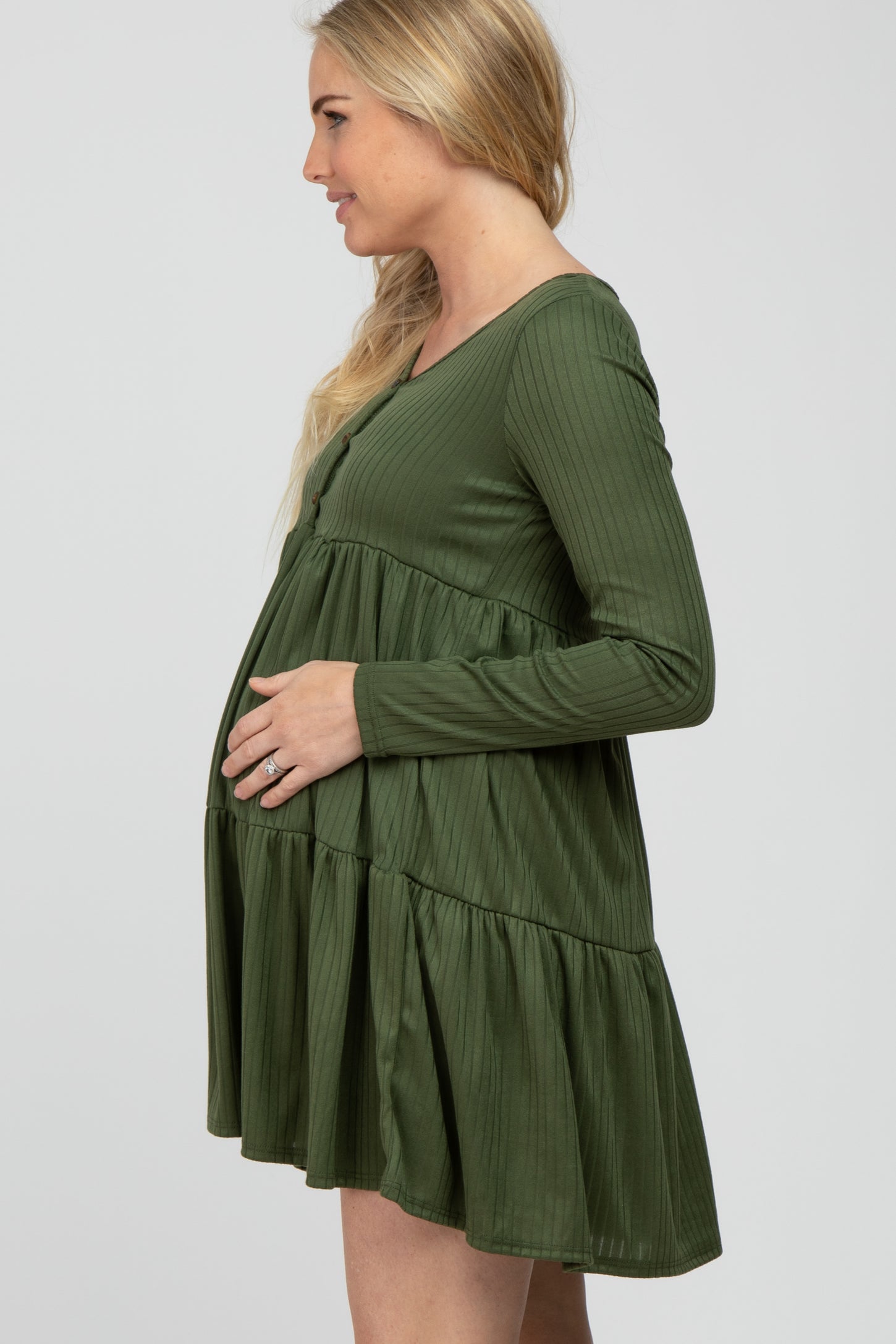 Olive Ribbed Button Front Tiered Maternity Dress