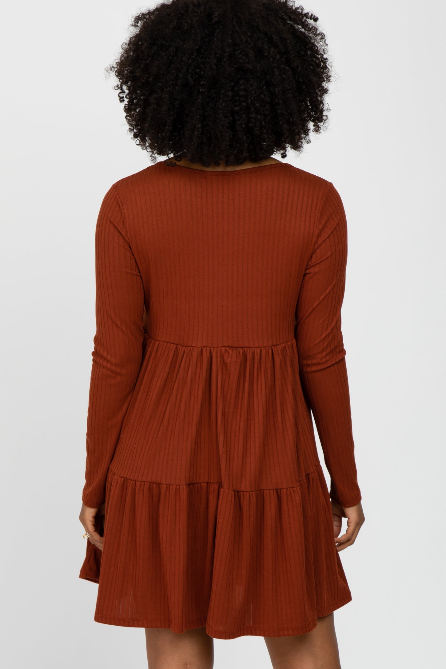 Rust Ribbed Button Front Tiered Dress