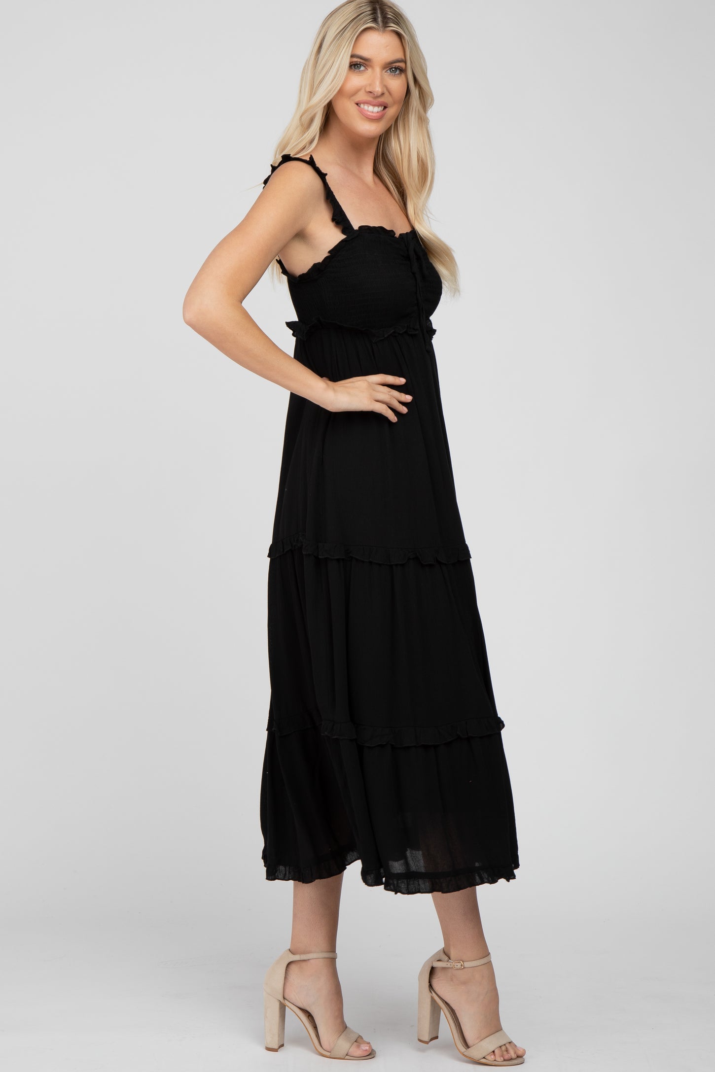 Black Ruffle Accent Midi Dress – PinkBlush