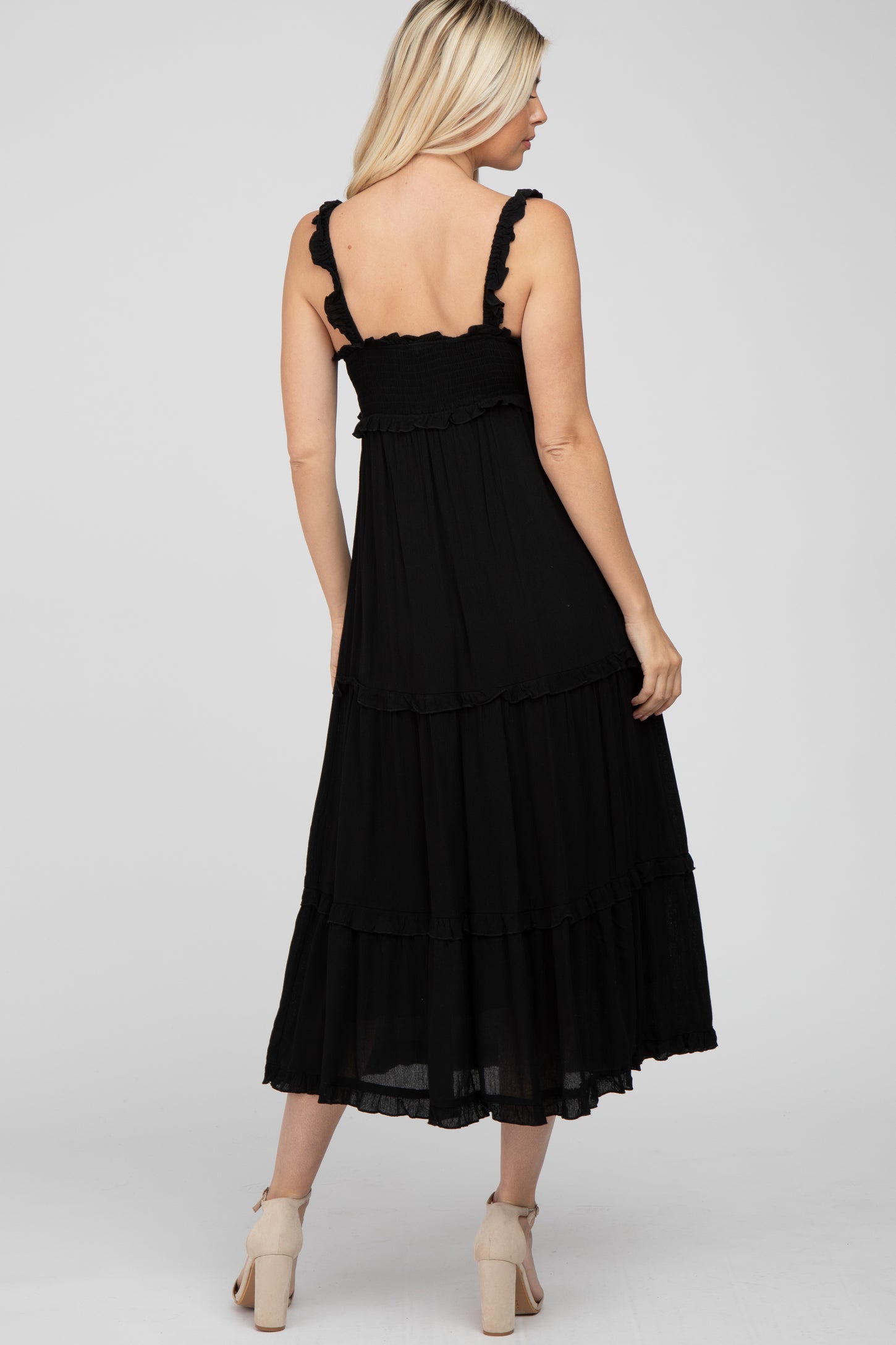 Black Ruffle Accent Midi Dress