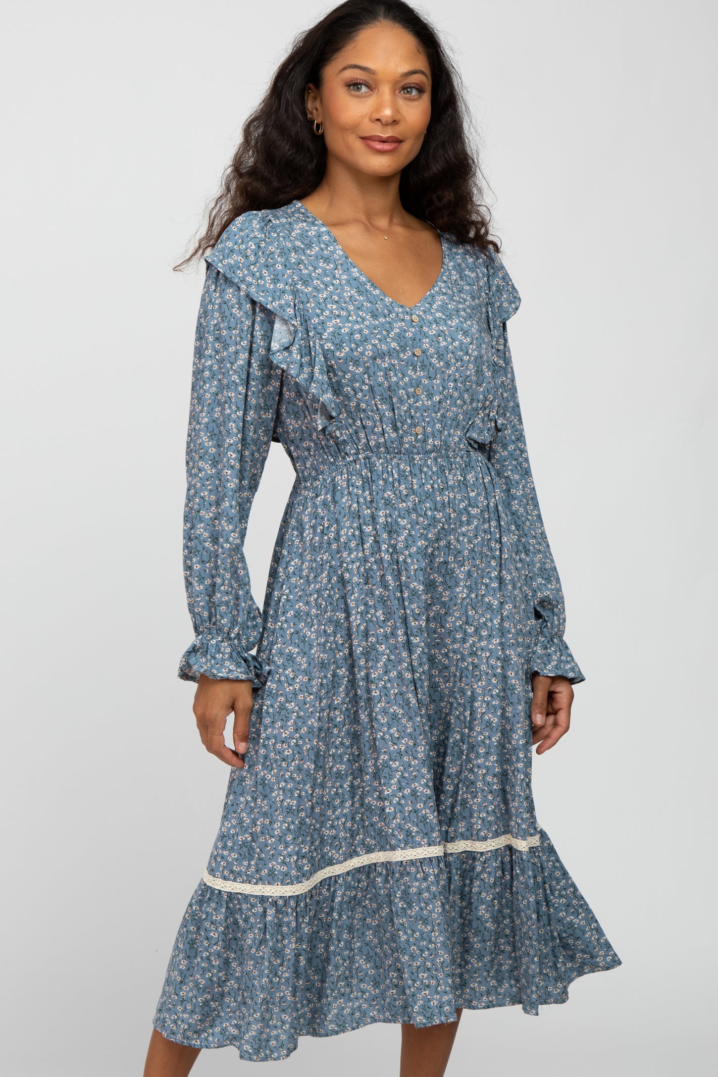 Blue Floral Ruffle Lace Accent Midi Dress