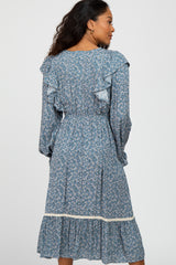 Blue Floral Ruffle Lace Accent Midi Dress