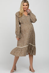 Taupe Floral Ruffle Lace Accent Maternity Midi Dress