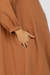 Camel Button Down Hi-Low Maternity Midi Dress