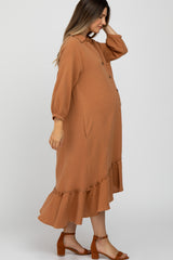 Camel Button Down Hi-Low Maternity Midi Dress