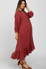 Rust Button Down Hi-Low Maternity Midi Dress