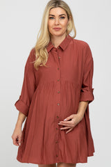 Rust Button Front Collared Maternity Dress