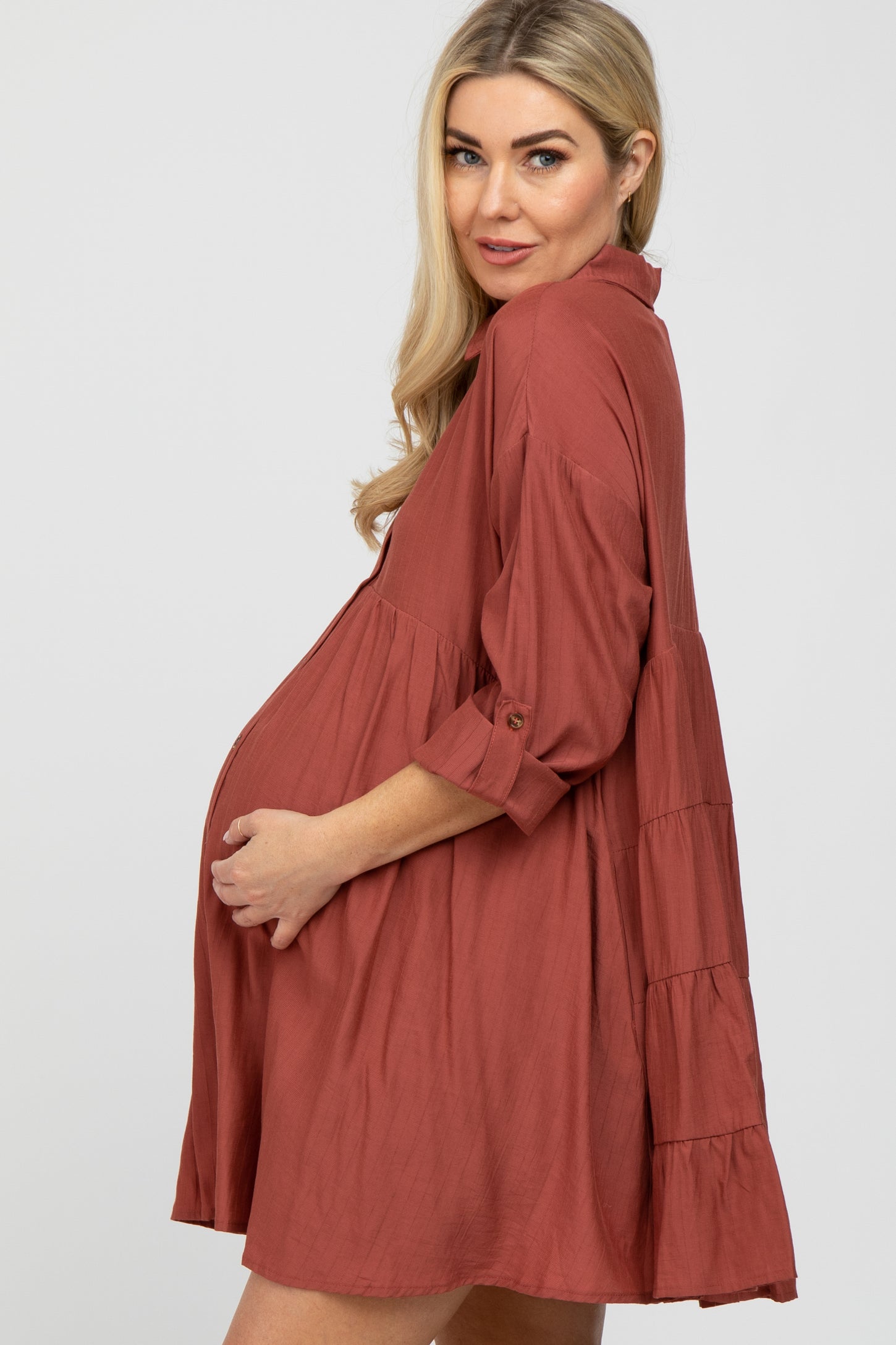 Rust Button Front Collared Maternity Dress