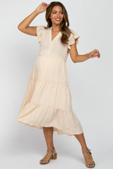 Cream Tiered Ruffle Sleeve Maternity Midi Dress