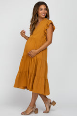 Camel Tiered Ruffle Sleeve Maternity Midi Dress