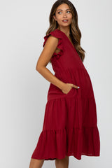 Burgundy Tiered Ruffle Sleeve Maternity Midi Dress