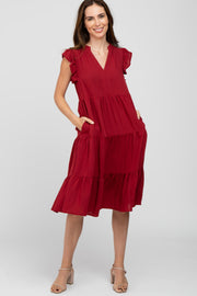 Burgundy Tiered Ruffle Sleeve Midi Dress