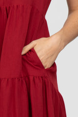 Burgundy Tiered Ruffle Sleeve Midi Dress