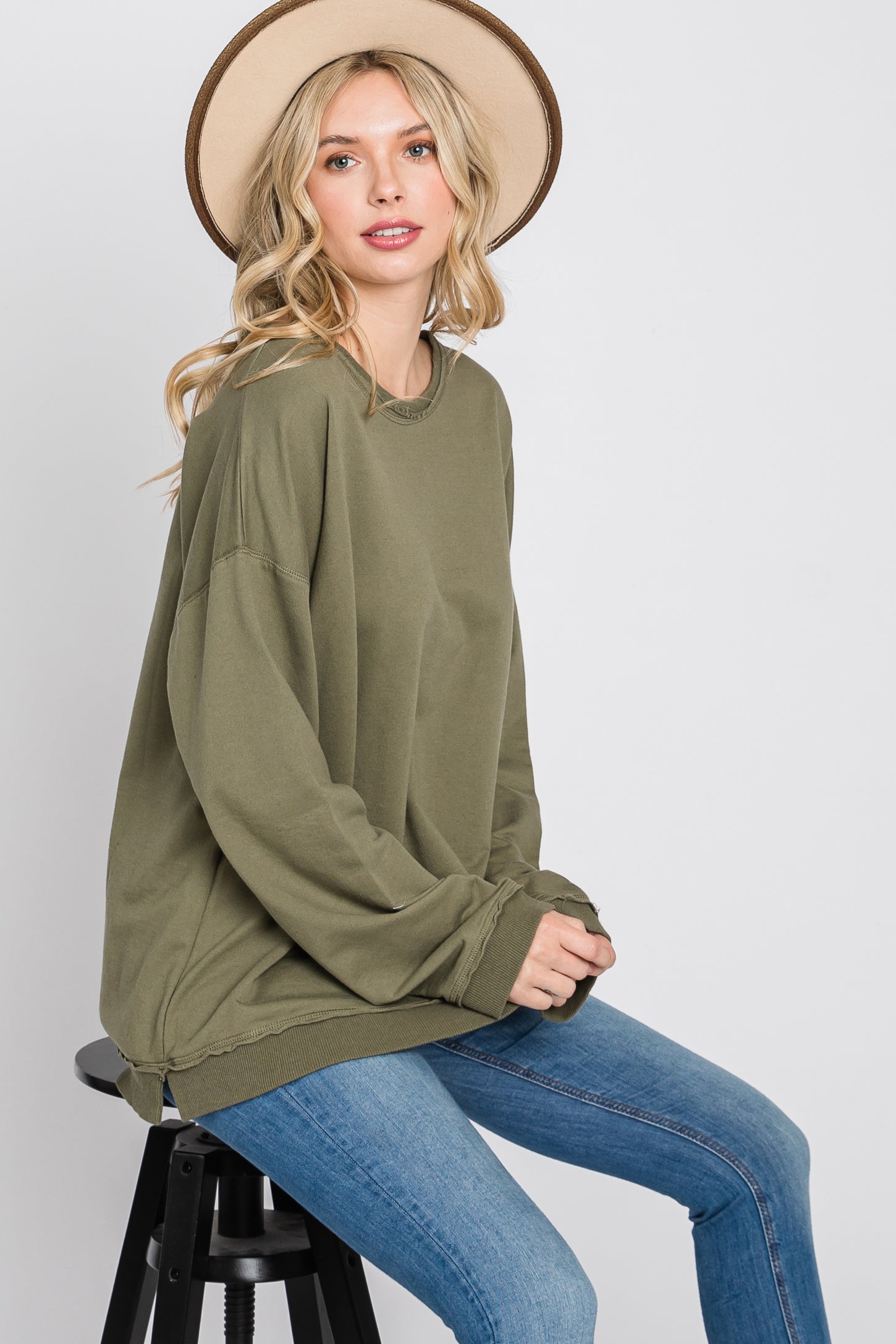 Olive Raw Edge Maternity Sweatshirt