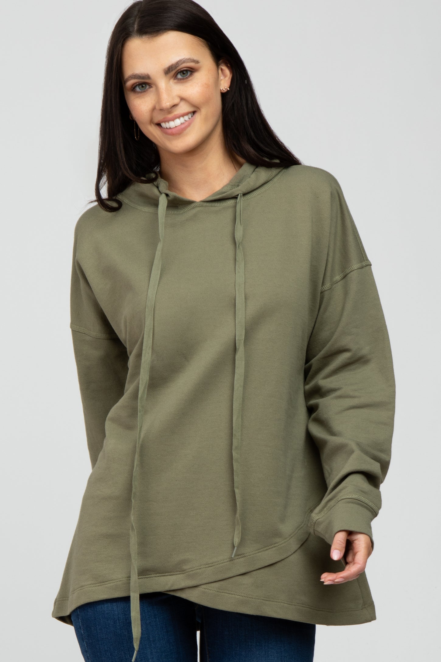 Olive French Terry Hooded Pullover Maternity Top
