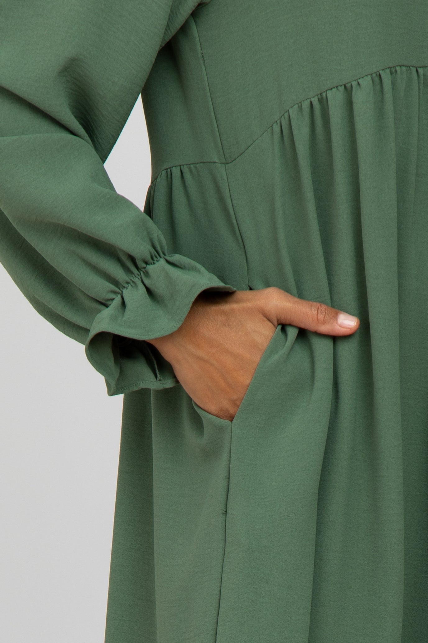 Green Ruffle Trim Long Sleeve Dress