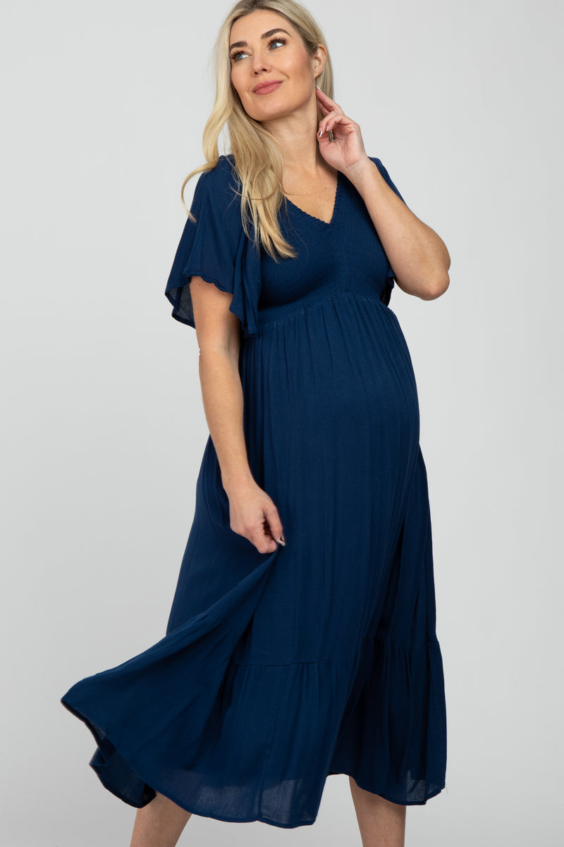 Navy Smocked Ruffle Maternity Dress– PinkBlush