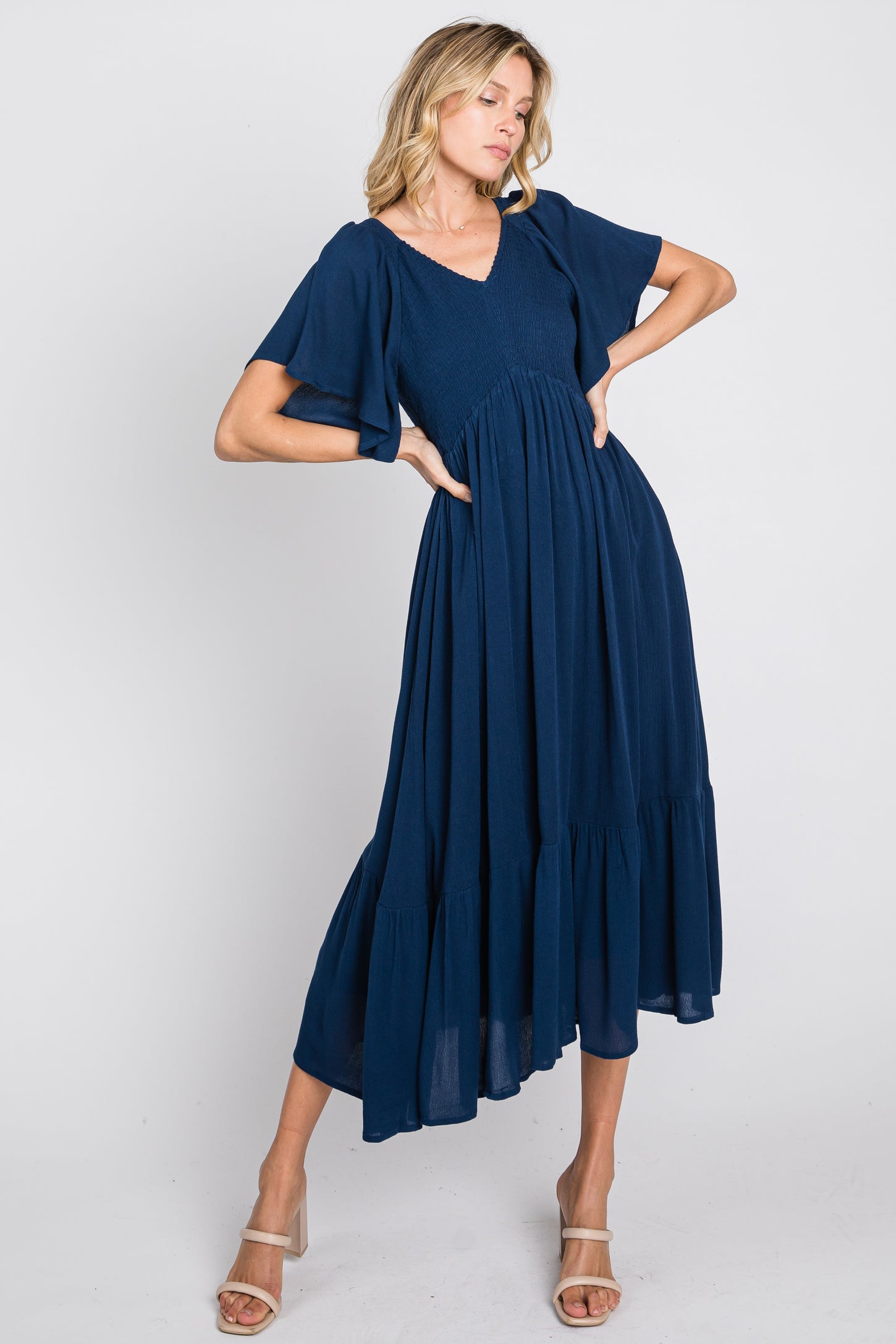 Navy Smocked Ruffle Dress – PinkBlush