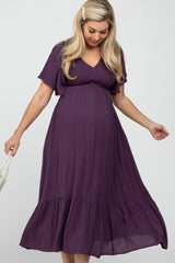 Purple Smocked Ruffle Maternity Dress
