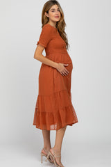 Rust Swiss Dot Smocked Maternity Midi Dress