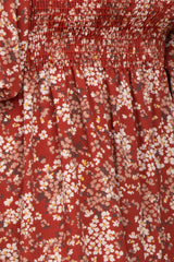 Rust Floral Square Neck Smocked Midi Dress