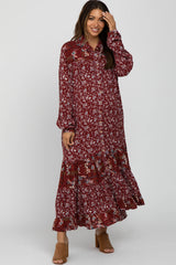 Burgundy Floral Button Front Maternity Midi Dress