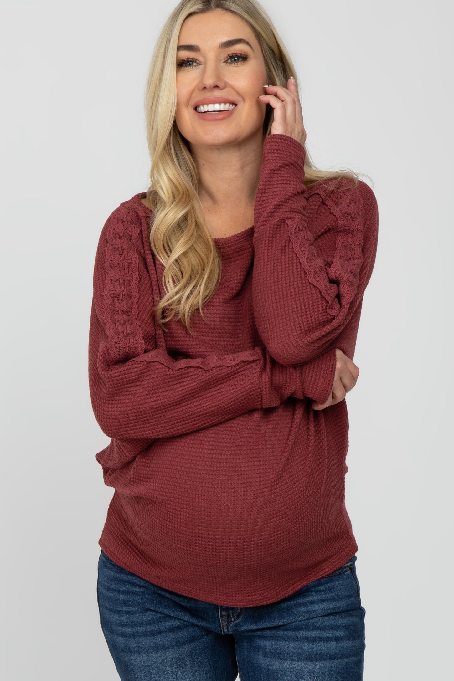 Burgundy Crochet Lace Dolman Sleeve Maternity Top