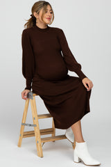 Brown Ribbed Mock Neck Bubble Sleeve Maternity Midi Dress
