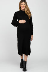 Black Ribbed Mock Neck Bubble Sleeve Maternity Midi Dress