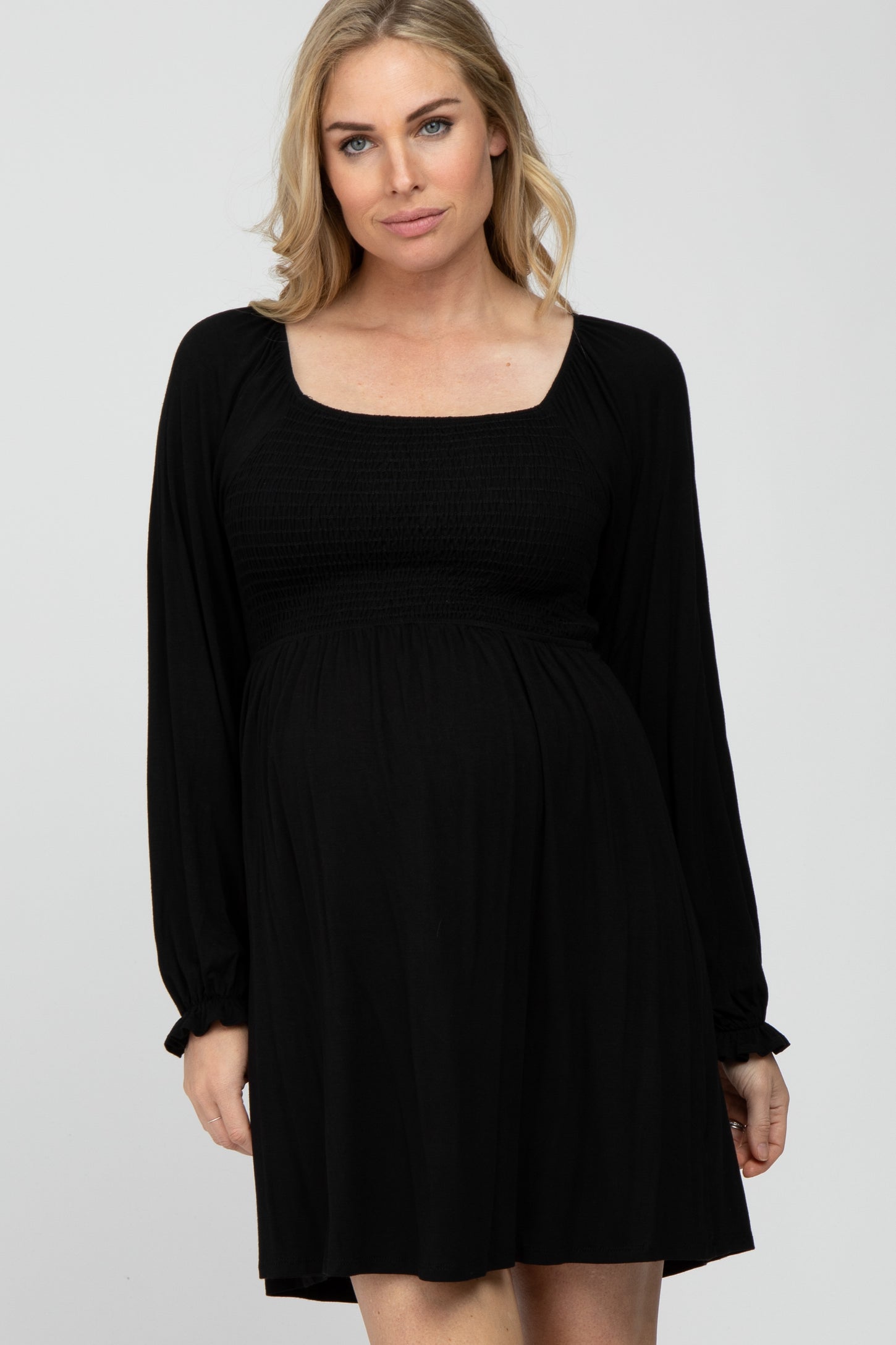 Black Smocked Front Babydoll Maternity Dress